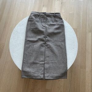 Mango High Waisted Brown Houndstooth Pencil Skirt with Front Slit & Pockets